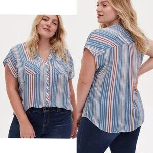 Torrid Blue & Pink Retro Stripes Button Front Dolman Sleeves Blouse